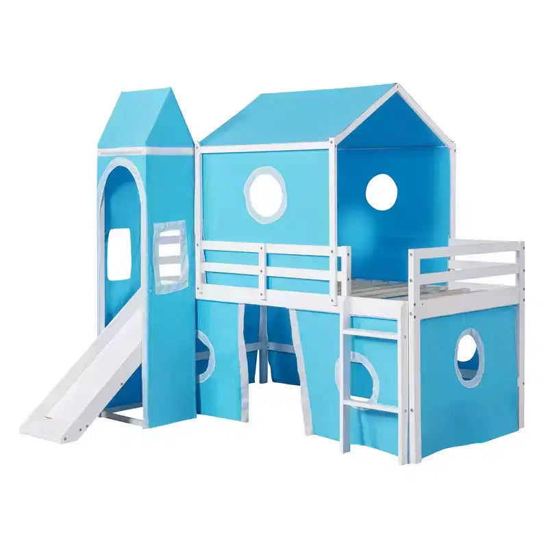 Letto a soppalco singolo con scivolo, struttura letto in legno a castello con tenda e torre per bambini e ragazzi, blu