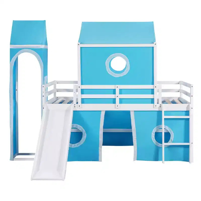 Letto a soppalco singolo con scivolo, struttura letto in legno a castello con tenda e torre per bambini e ragazzi, blu
