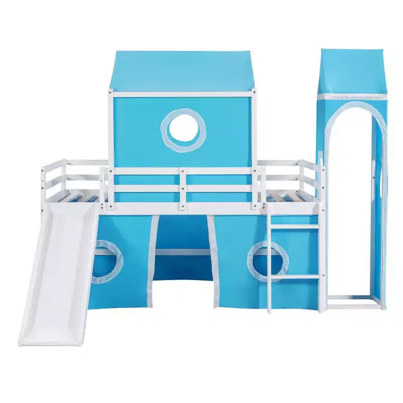Letto a soppalco singolo con scivolo, struttura letto in legno a castello con tenda e torre per bambini e ragazzi, blu