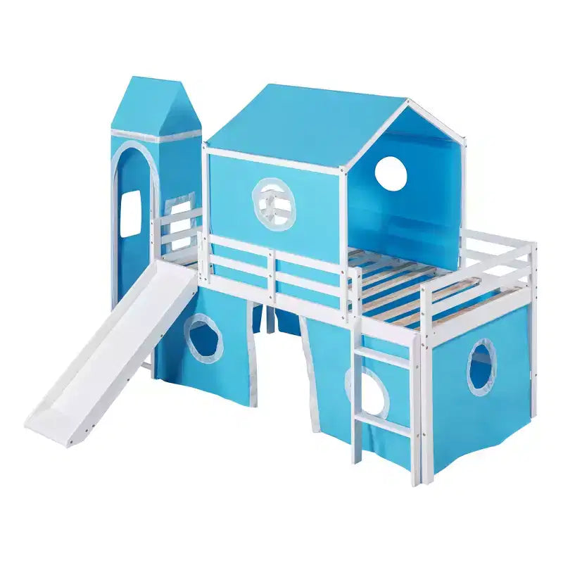 Letto a soppalco singolo con scivolo, struttura letto in legno a castello con tenda e torre per bambini e ragazzi, blu