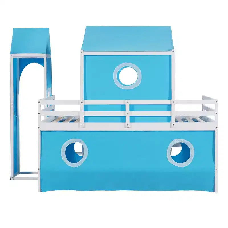 Letto a soppalco singolo con scivolo, struttura letto in legno a castello con tenda e torre per bambini e ragazzi, blu
