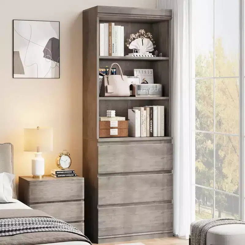 Libreria alta 70 cm con 3 cassetti e 3 ripiani aperti - Mobile contenitore moderno in legno per soggiorno, ufficio