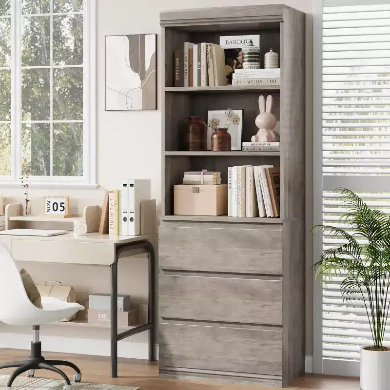 Libreria alta 70 cm con 3 cassetti e 3 ripiani aperti - Mobile contenitore moderno in legno per soggiorno, ufficio