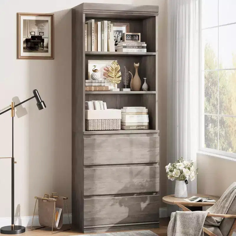 Libreria alta 70 cm con 3 cassetti e 3 ripiani aperti - Mobile contenitore moderno in legno per soggiorno, ufficio