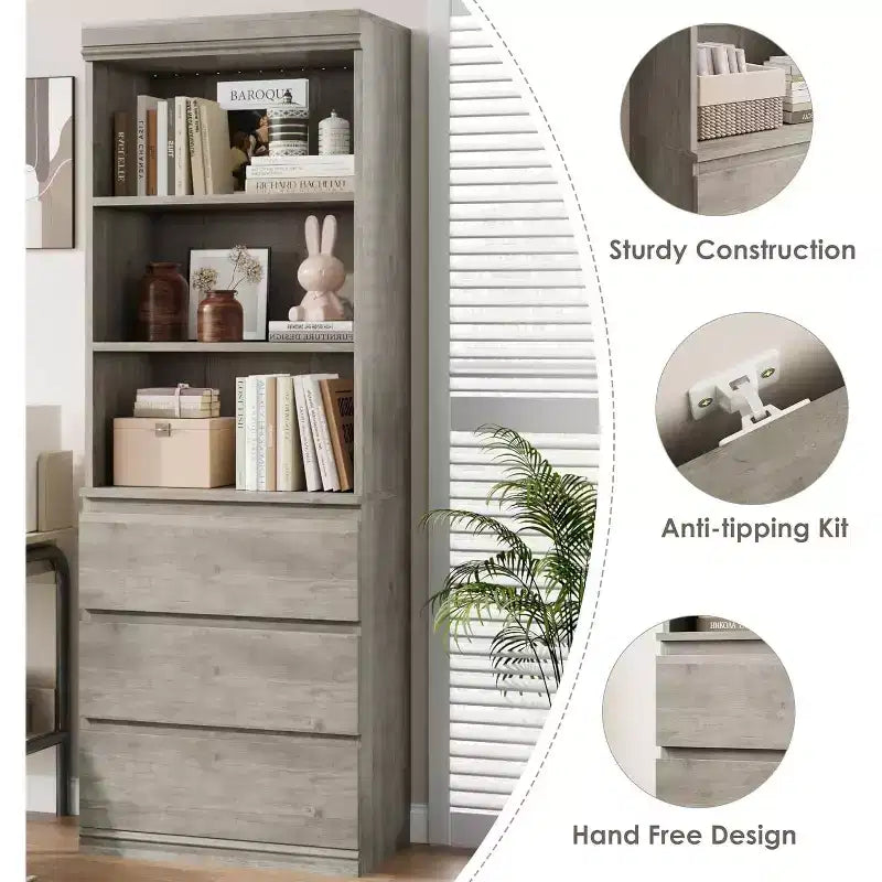 Libreria alta 70 cm con 3 cassetti e 3 ripiani aperti - Mobile contenitore moderno in legno per soggiorno, ufficio
