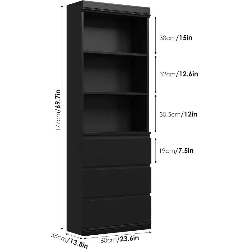 Libreria alta 70 cm con 3 cassetti e 3 ripiani aperti - Mobile contenitore moderno in legno per soggiorno, ufficio