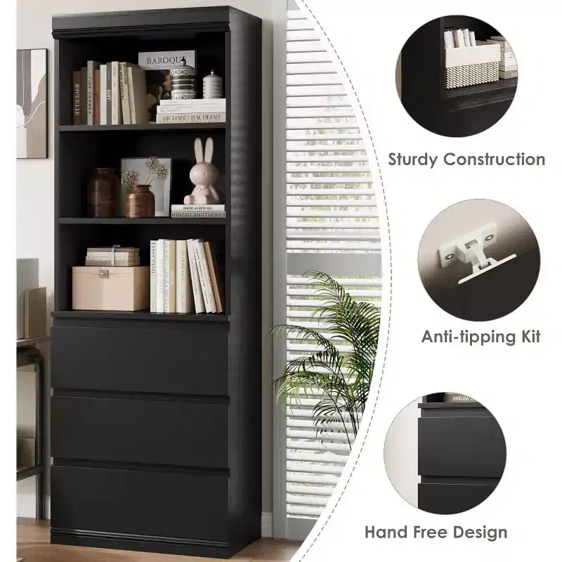 Libreria alta 70 cm con 3 cassetti e 3 ripiani aperti - Mobile contenitore moderno in legno per soggiorno, ufficio