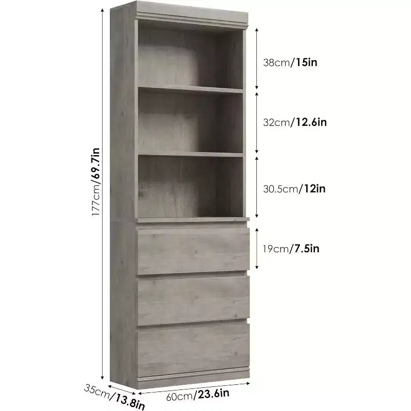 Libreria alta 70 cm con 3 cassetti e 3 ripiani aperti - Mobile contenitore moderno in legno per soggiorno, ufficio