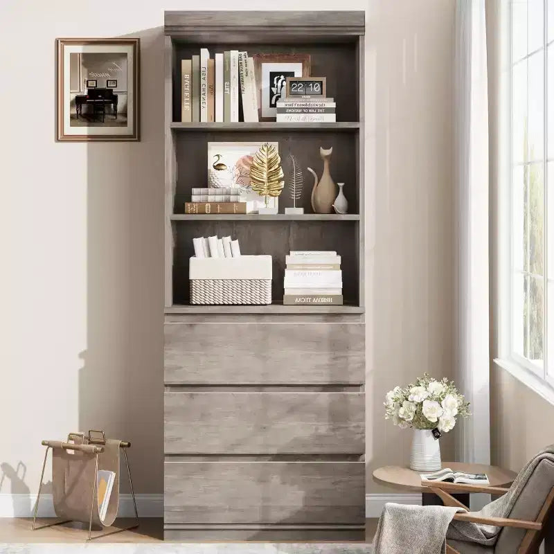 Libreria alta 70 cm con 3 cassetti e 3 ripiani aperti - Mobile contenitore moderno in legno per soggiorno, ufficio