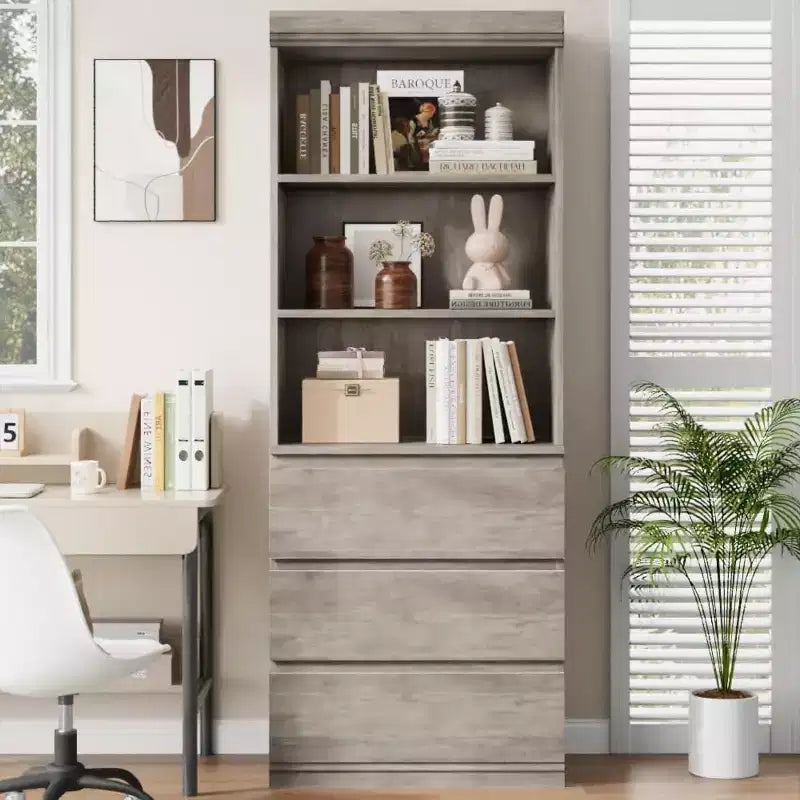 Libreria alta 70 cm con 3 cassetti e 3 ripiani aperti - Mobile contenitore moderno in legno per soggiorno, ufficio