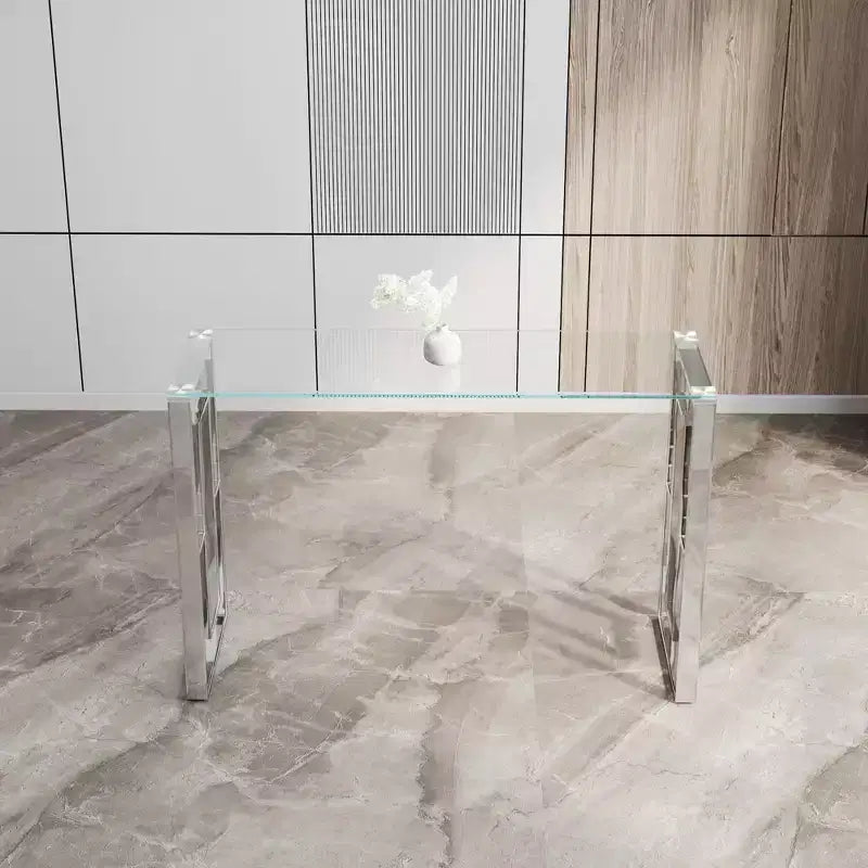 Consolle moderna da 120 cm con piano in vetro, tavolo da ingresso con gambe in acciaio inossidabile, tavolo d'appoggio per soggiorno, corridoio