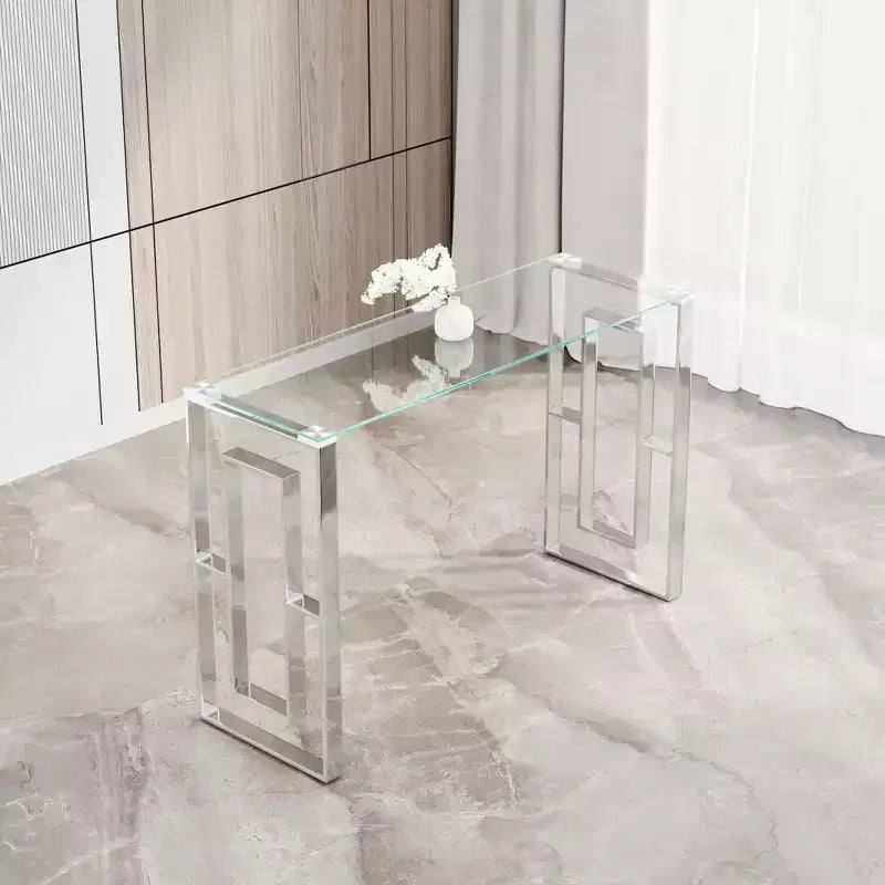 Consolle moderna da 120 cm con piano in vetro, tavolo da ingresso con gambe in acciaio inossidabile, tavolo d'appoggio per soggiorno, corridoio