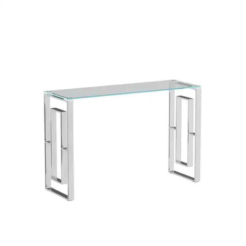 Consolle moderna da 120 cm con piano in vetro, tavolo da ingresso con gambe in acciaio inossidabile, tavolo d'appoggio per soggiorno, corridoio