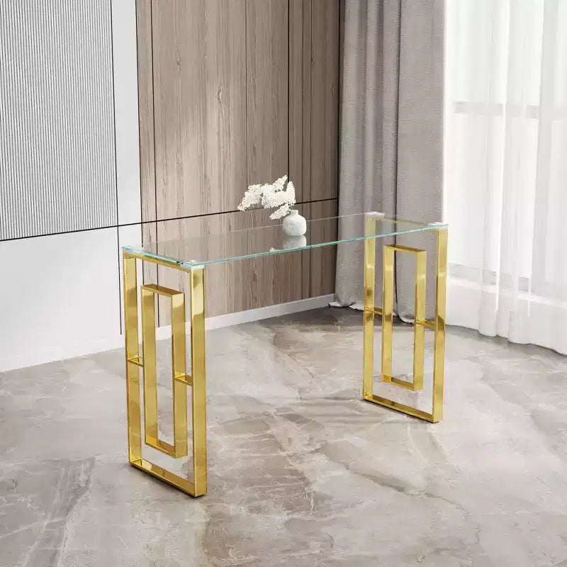 Consolle moderna da 120 cm con piano in vetro, tavolo da ingresso con gambe in acciaio inossidabile, tavolo d'appoggio per soggiorno, corridoio