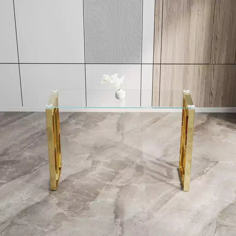 Consolle moderna da 120 cm con piano in vetro, tavolo da ingresso con gambe in acciaio inossidabile, tavolo d'appoggio per soggiorno, corridoio