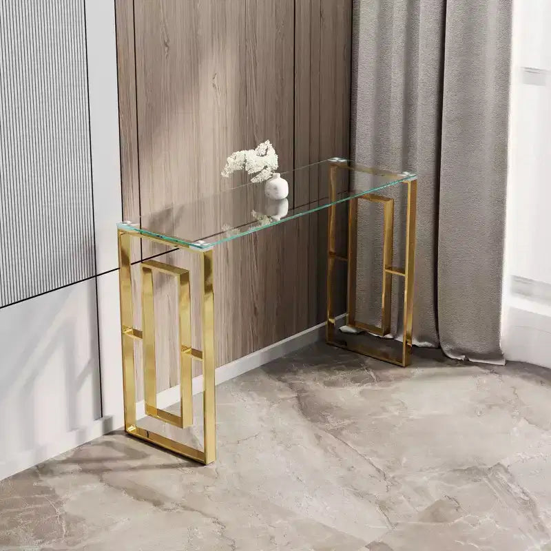 Consolle moderna da 120 cm con piano in vetro, tavolo da ingresso con gambe in acciaio inossidabile, tavolo d'appoggio per soggiorno, corridoio