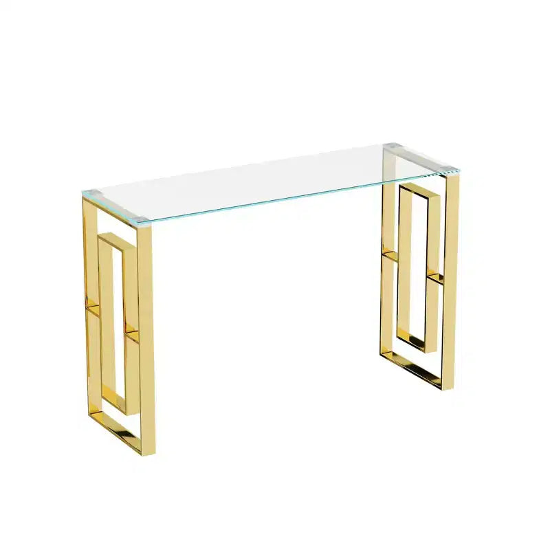 Consolle moderna da 120 cm con piano in vetro, tavolo da ingresso con gambe in acciaio inossidabile, tavolo d'appoggio per soggiorno, corridoio