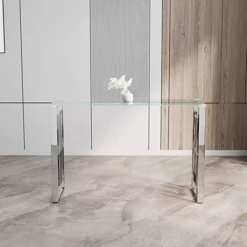 Consolle moderna da 120 cm con piano in vetro, tavolo da ingresso con gambe in acciaio inossidabile, tavolo d'appoggio per soggiorno, corridoio