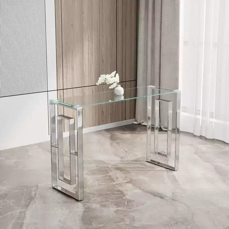 Consolle moderna da 120 cm con piano in vetro, tavolo da ingresso con gambe in acciaio inossidabile, tavolo d'appoggio per soggiorno, corridoio