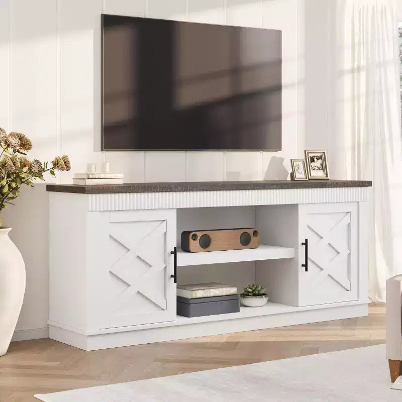 Mobile TV da fienile con scanalature, mobiletto porta TV da fattoria con contenitore per soggiorno