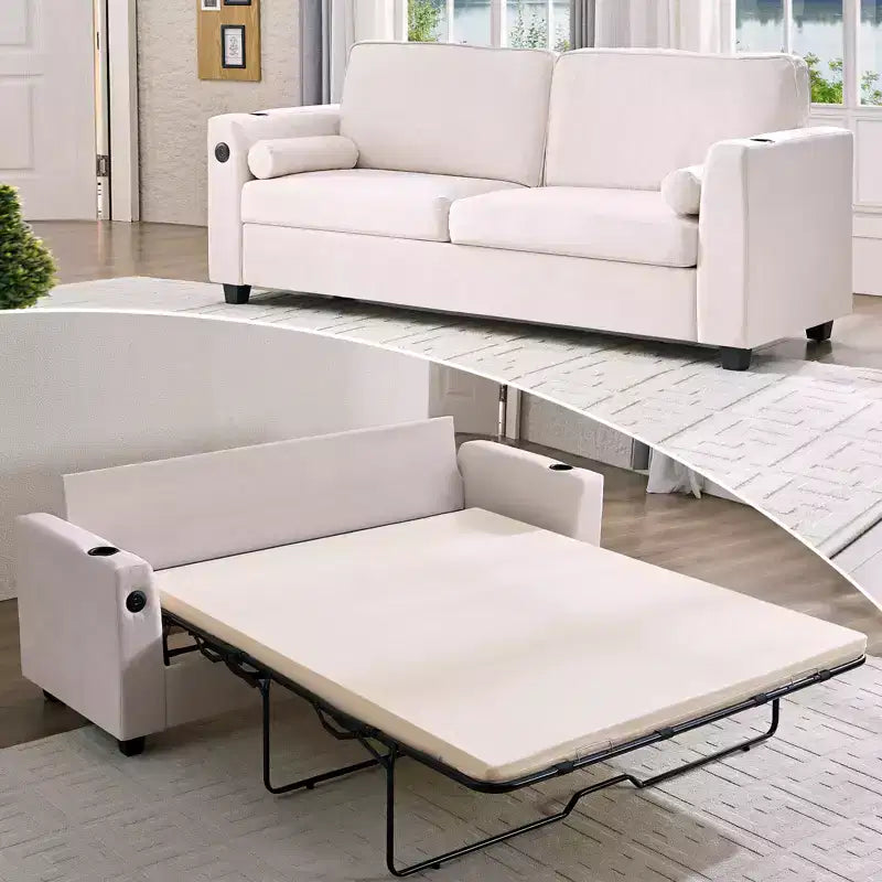 Divano Letto Loveseat Estraibile, Divano Letto Trasformabile con Materasso in Memory Foam, Portabicchieri, Porte di Ricarica USB