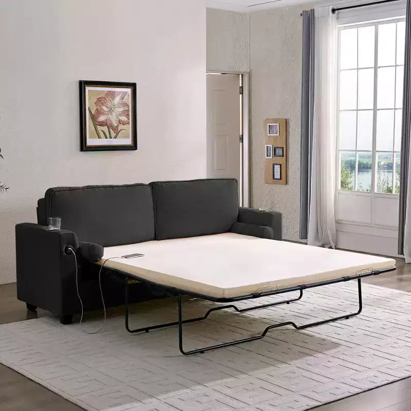 Divano Letto Loveseat Estraibile, Divano Letto Trasformabile con Materasso in Memory Foam, Portabicchieri, Porte di Ricarica USB