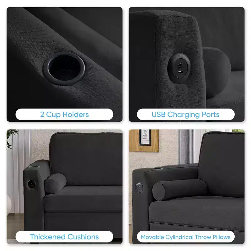 Divano Letto Loveseat Estraibile, Divano Letto Trasformabile con Materasso in Memory Foam, Portabicchieri, Porte di Ricarica USB