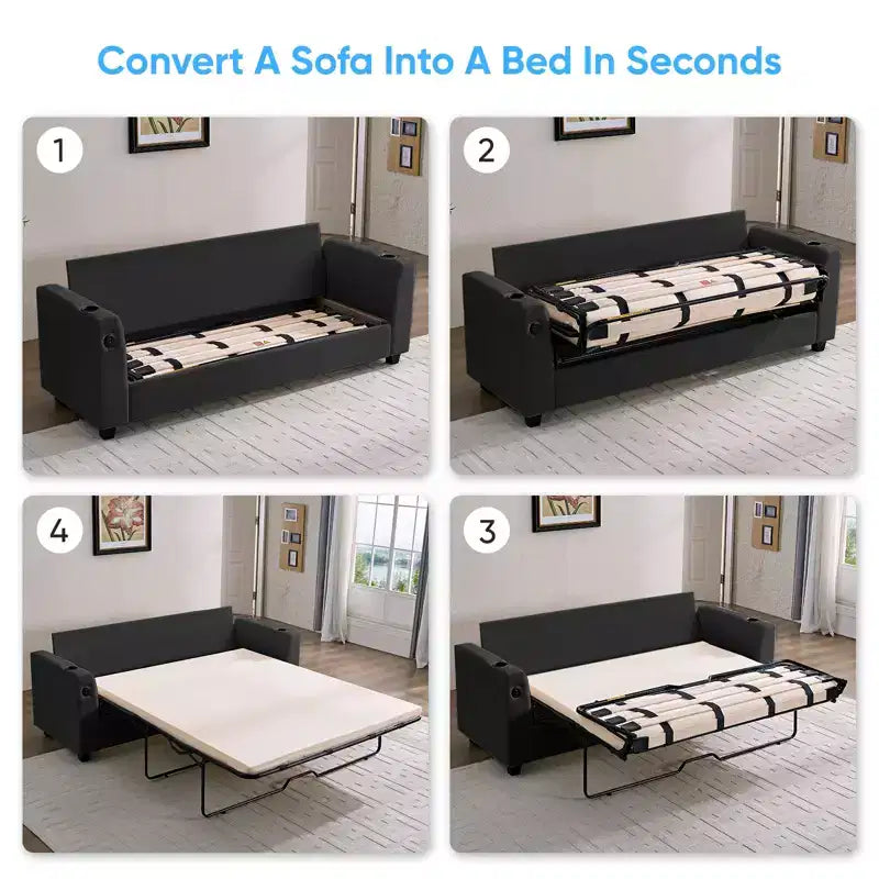 Divano Letto Loveseat Estraibile, Divano Letto Trasformabile con Materasso in Memory Foam, Portabicchieri, Porte di Ricarica USB
