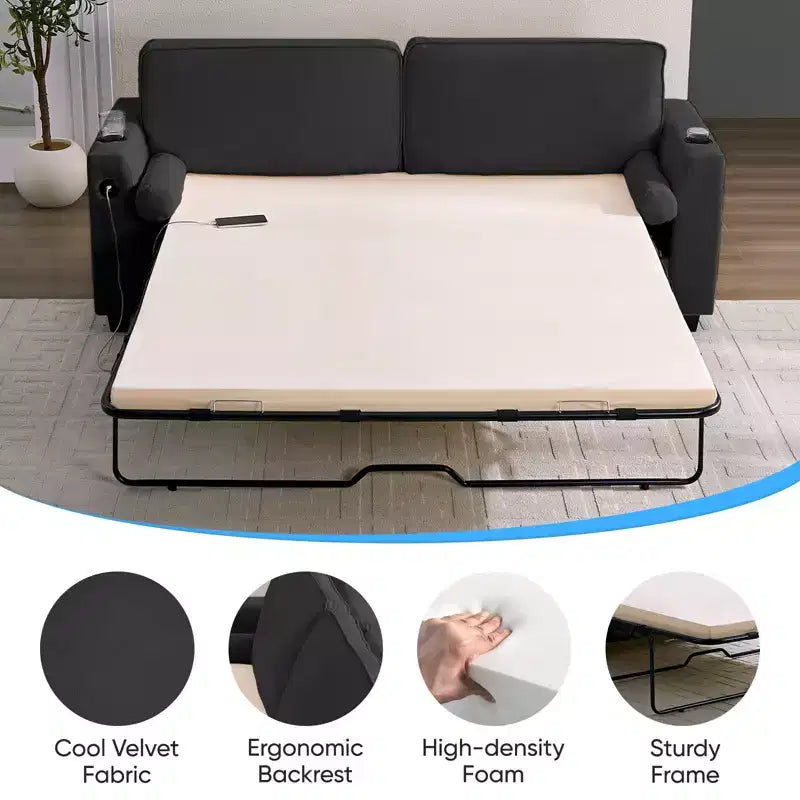 Divano Letto Loveseat Estraibile, Divano Letto Trasformabile con Materasso in Memory Foam, Portabicchieri, Porte di Ricarica USB