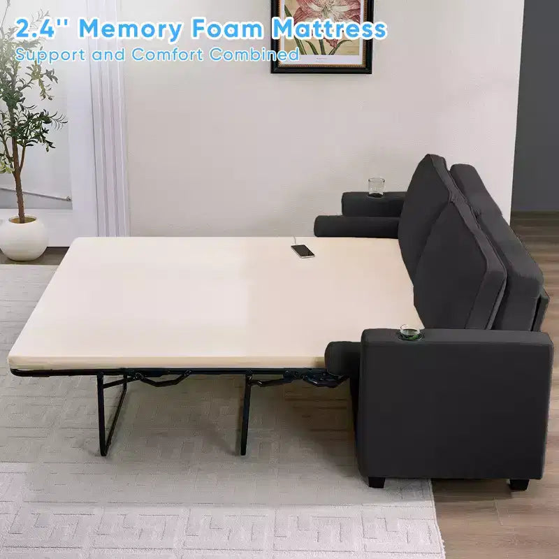 Divano Letto Loveseat Estraibile, Divano Letto Trasformabile con Materasso in Memory Foam, Portabicchieri, Porte di Ricarica USB