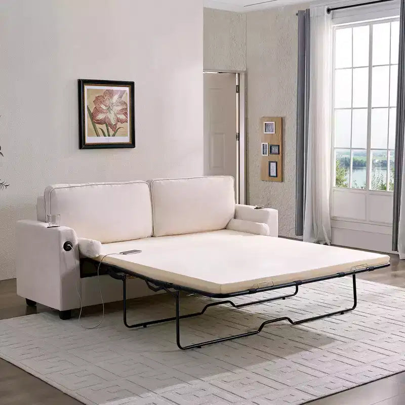 Divano Letto Loveseat Estraibile, Divano Letto Trasformabile con Materasso in Memory Foam, Portabicchieri, Porte di Ricarica USB