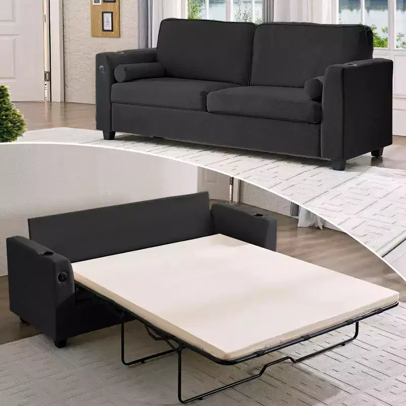 Divano Letto Loveseat Estraibile, Divano Letto Trasformabile con Materasso in Memory Foam, Portabicchieri, Porte di Ricarica USB
