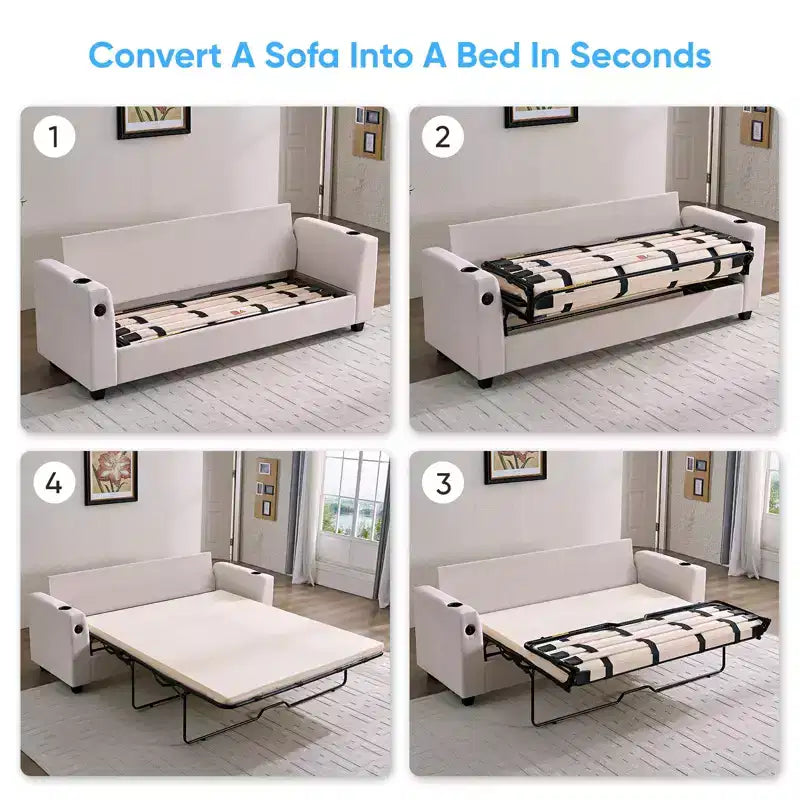 Divano Letto Loveseat Estraibile, Divano Letto Trasformabile con Materasso in Memory Foam, Portabicchieri, Porte di Ricarica USB
