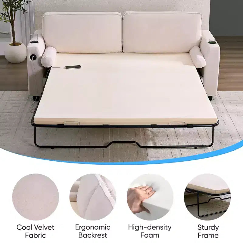 Divano Letto Loveseat Estraibile, Divano Letto Trasformabile con Materasso in Memory Foam, Portabicchieri, Porte di Ricarica USB