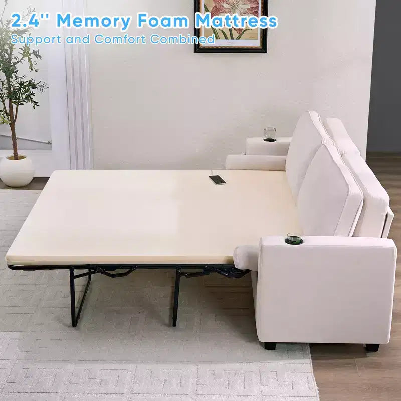 Divano Letto Loveseat Estraibile, Divano Letto Trasformabile con Materasso in Memory Foam, Portabicchieri, Porte di Ricarica USB