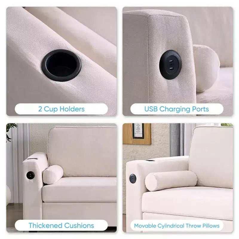 Divano Letto Loveseat Estraibile, Divano Letto Trasformabile con Materasso in Memory Foam, Portabicchieri, Porte di Ricarica USB