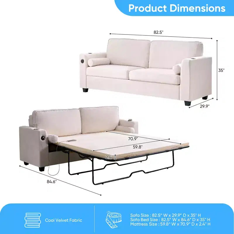 Divano Letto Loveseat Estraibile, Divano Letto Trasformabile con Materasso in Memory Foam, Portabicchieri, Porte di Ricarica USB