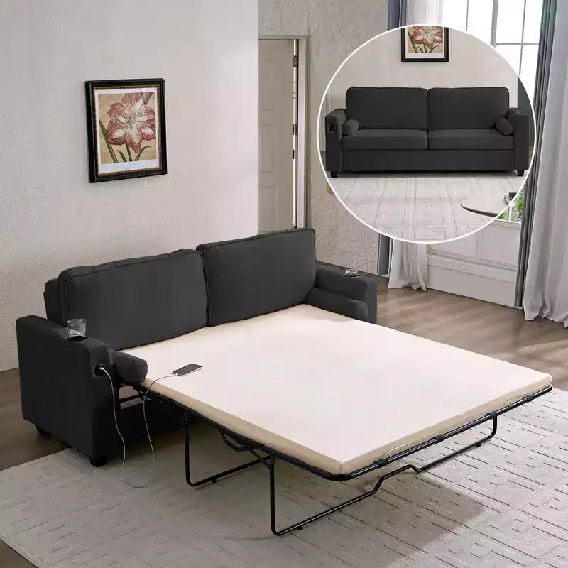 Divano Letto Loveseat Estraibile, Divano Letto Trasformabile con Materasso in Memory Foam, Portabicchieri, Porte di Ricarica USB