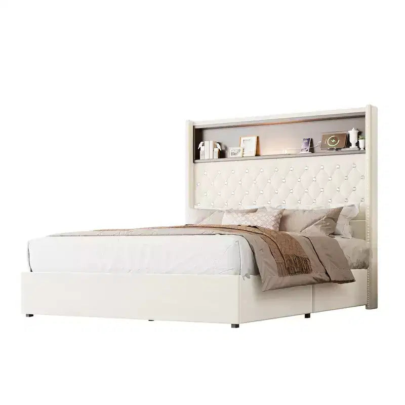 Telaio del letto imbottito in velluto Queen Size, letto a piattaforma con schienale ad ala, testiera alta 132 cm con decorazione a rivetto, mensola per testiera