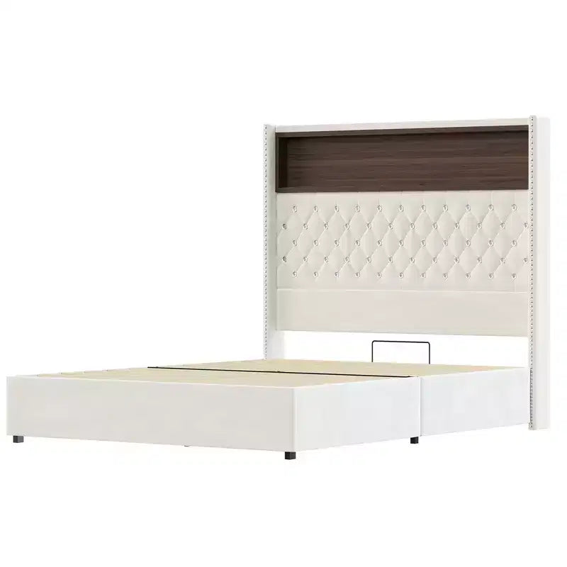 Telaio del letto imbottito in velluto Queen Size, letto a piattaforma con schienale ad ala, testiera alta 132 cm con decorazione a rivetto, mensola per testiera