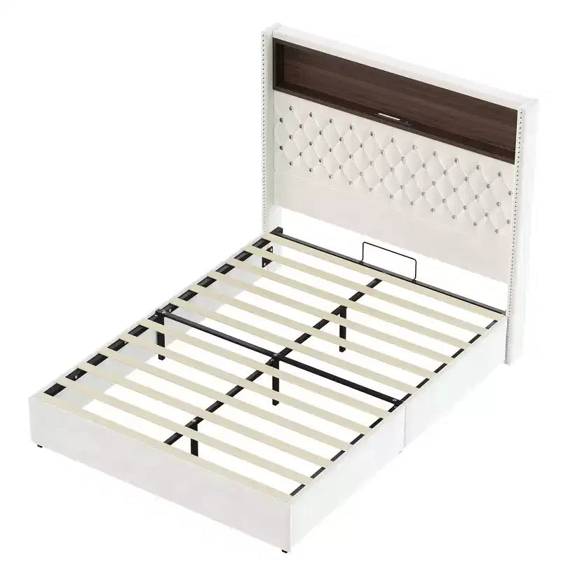 Telaio del letto imbottito in velluto Queen Size, letto a piattaforma con schienale ad ala, testiera alta 132 cm con decorazione a rivetto, mensola per testiera