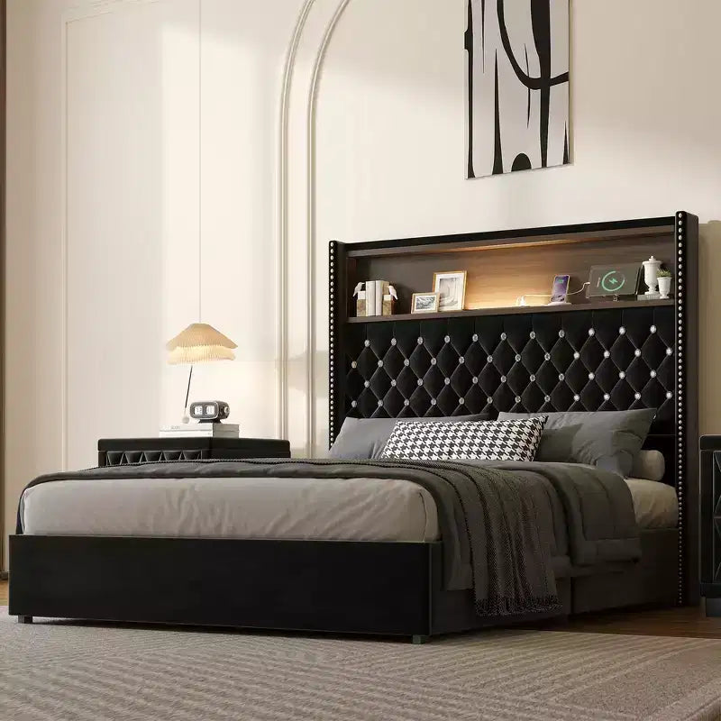 Telaio del letto imbottito in velluto Queen Size, letto a piattaforma con schienale ad ala, testiera alta 132 cm con decorazione a rivetto, mensola per testiera