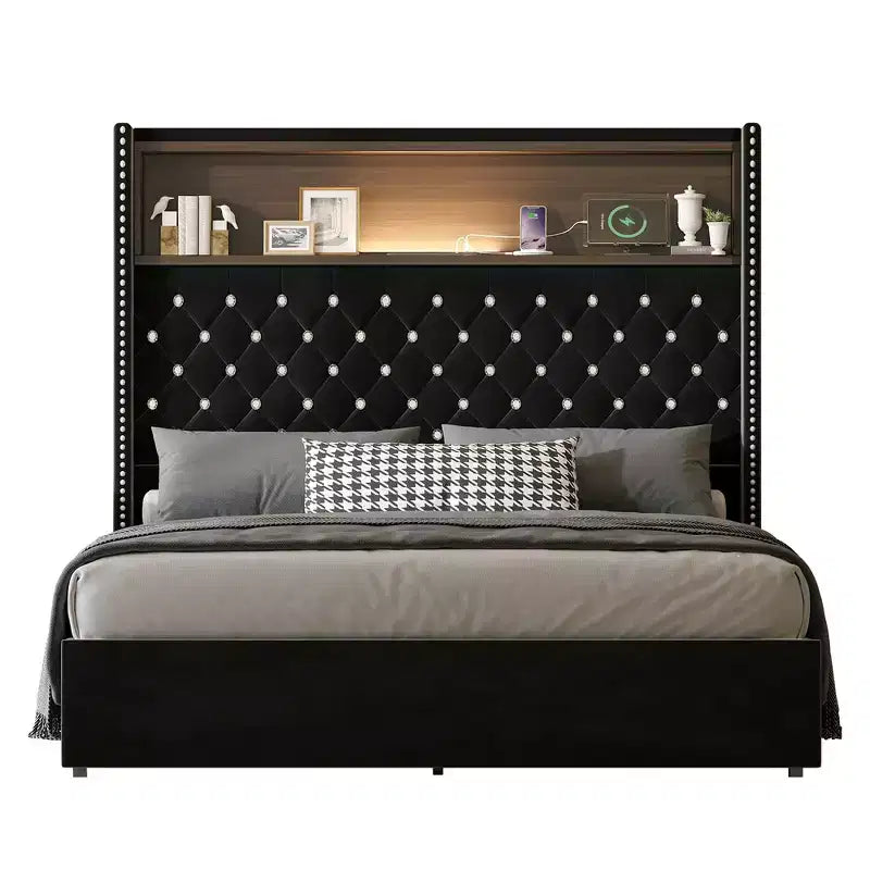 Telaio del letto imbottito in velluto Queen Size, letto a piattaforma con schienale ad ala, testiera alta 132 cm con decorazione a rivetto, mensola per testiera