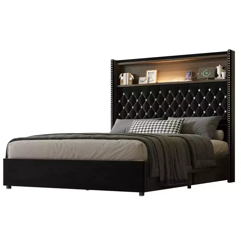 Telaio del letto imbottito in velluto Queen Size, letto a piattaforma con schienale ad ala, testiera alta 132 cm con decorazione a rivetto, mensola per testiera