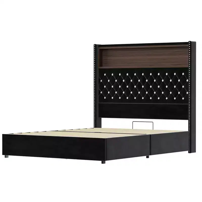 Telaio del letto imbottito in velluto Queen Size, letto a piattaforma con schienale ad ala, testiera alta 132 cm con decorazione a rivetto, mensola per testiera