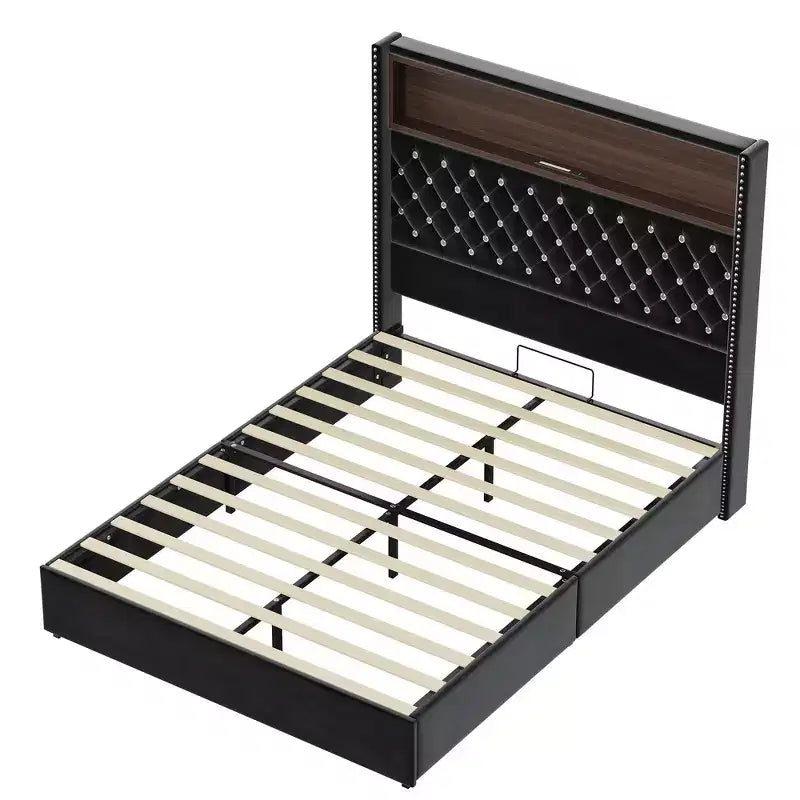Telaio del letto imbottito in velluto Queen Size, letto a piattaforma con schienale ad ala, testiera alta 132 cm con decorazione a rivetto, mensola per testiera