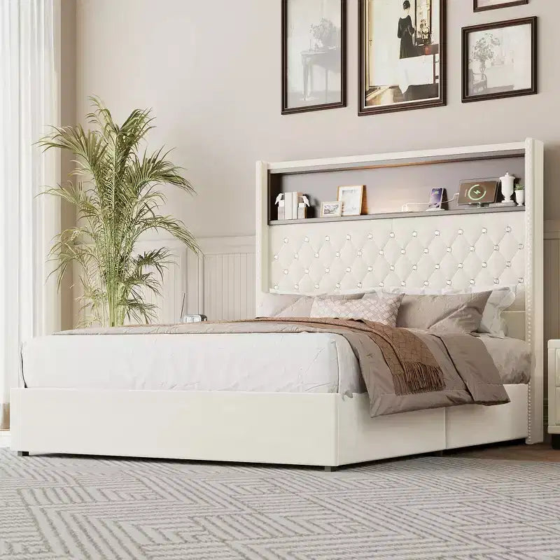 Telaio del letto imbottito in velluto Queen Size, letto a piattaforma con schienale ad ala, testiera alta 132 cm con decorazione a rivetto, mensola per testiera