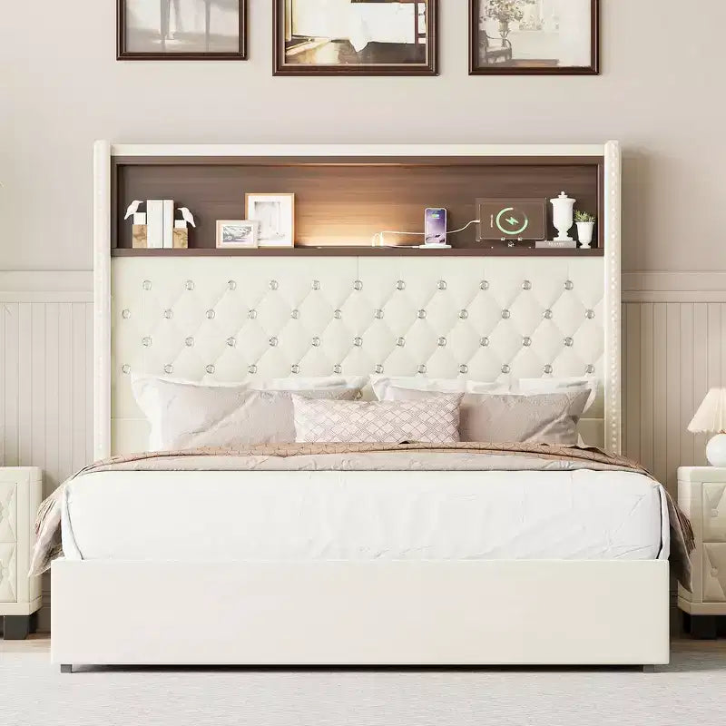 Telaio del letto imbottito in velluto Queen Size, letto a piattaforma con schienale ad ala, testiera alta 132 cm con decorazione a rivetto, mensola per testiera