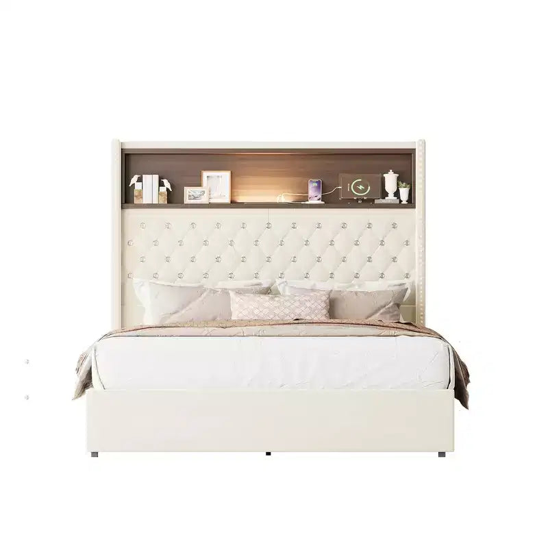 Telaio del letto imbottito in velluto Queen Size, letto a piattaforma con schienale ad ala, testiera alta 132 cm con decorazione a rivetto, mensola per testiera