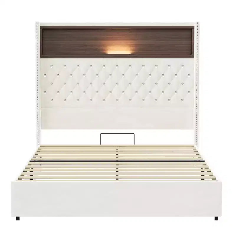 Telaio del letto imbottito in velluto Queen Size, letto a piattaforma con schienale ad ala, testiera alta 132 cm con decorazione a rivetto, mensola per testiera